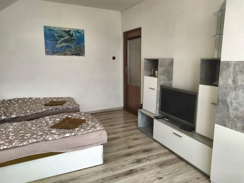 Pokoj s postelemi a televizí
